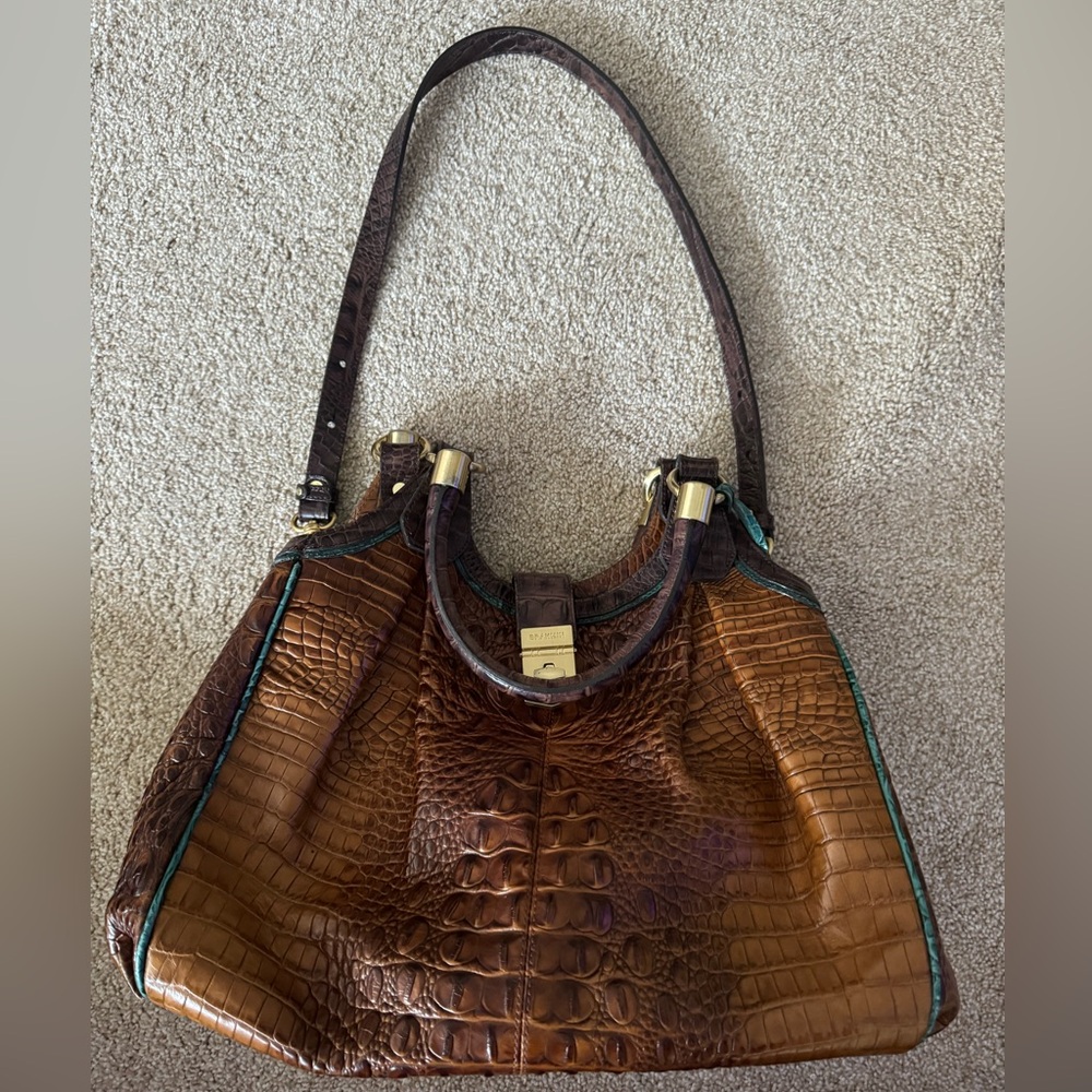 Brahmin Elisa Croc Embossed Brown Leather Hobo Satchel Handbag